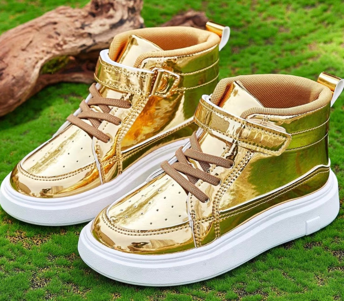 Kids' Gold Metallic High-Top Sneakers, Laces + Hook & Loop Velcro Strap
