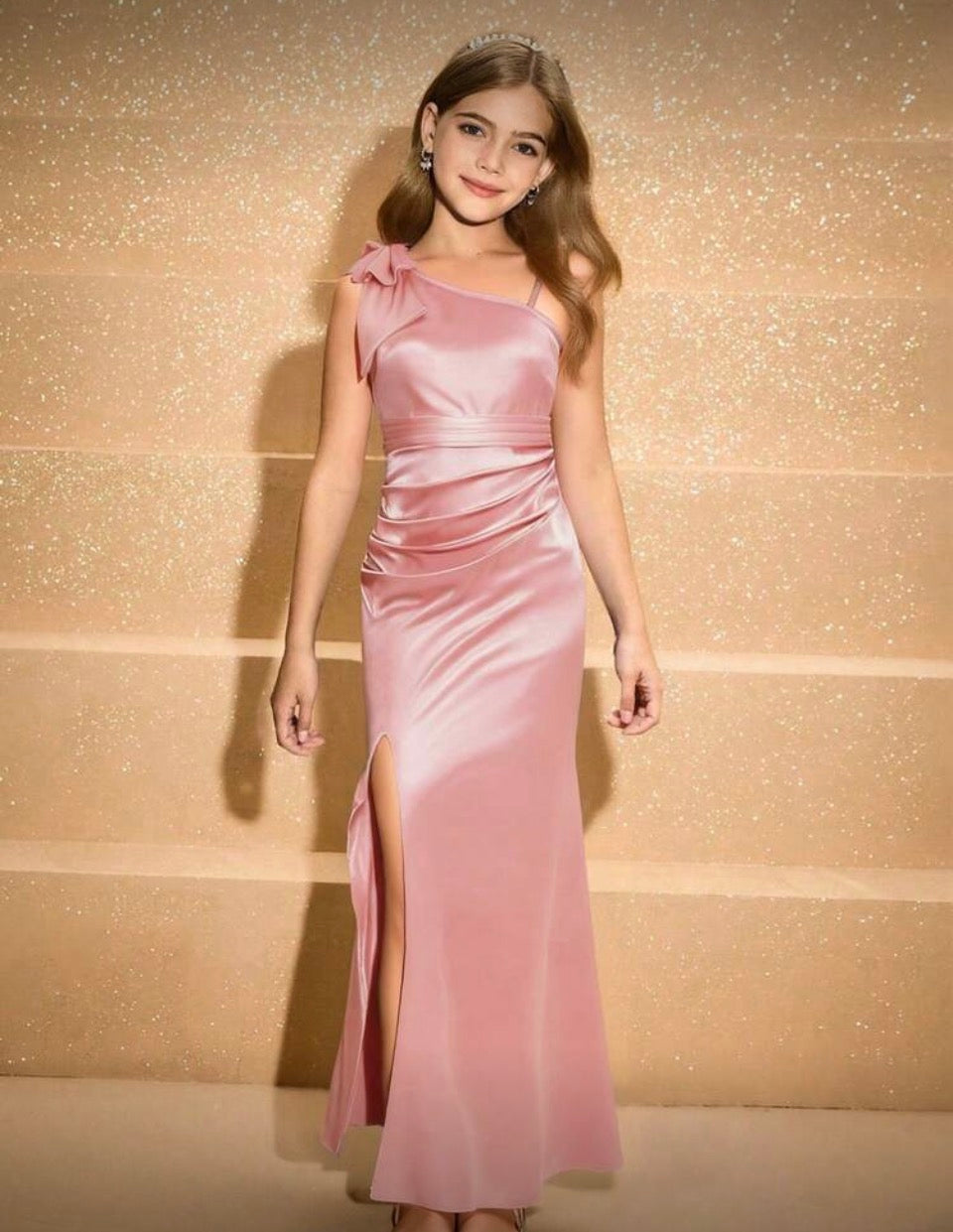 Tween “Glossy” Elegant Satin One-Shoulder Bow Decor High-Waist Long Slit Design