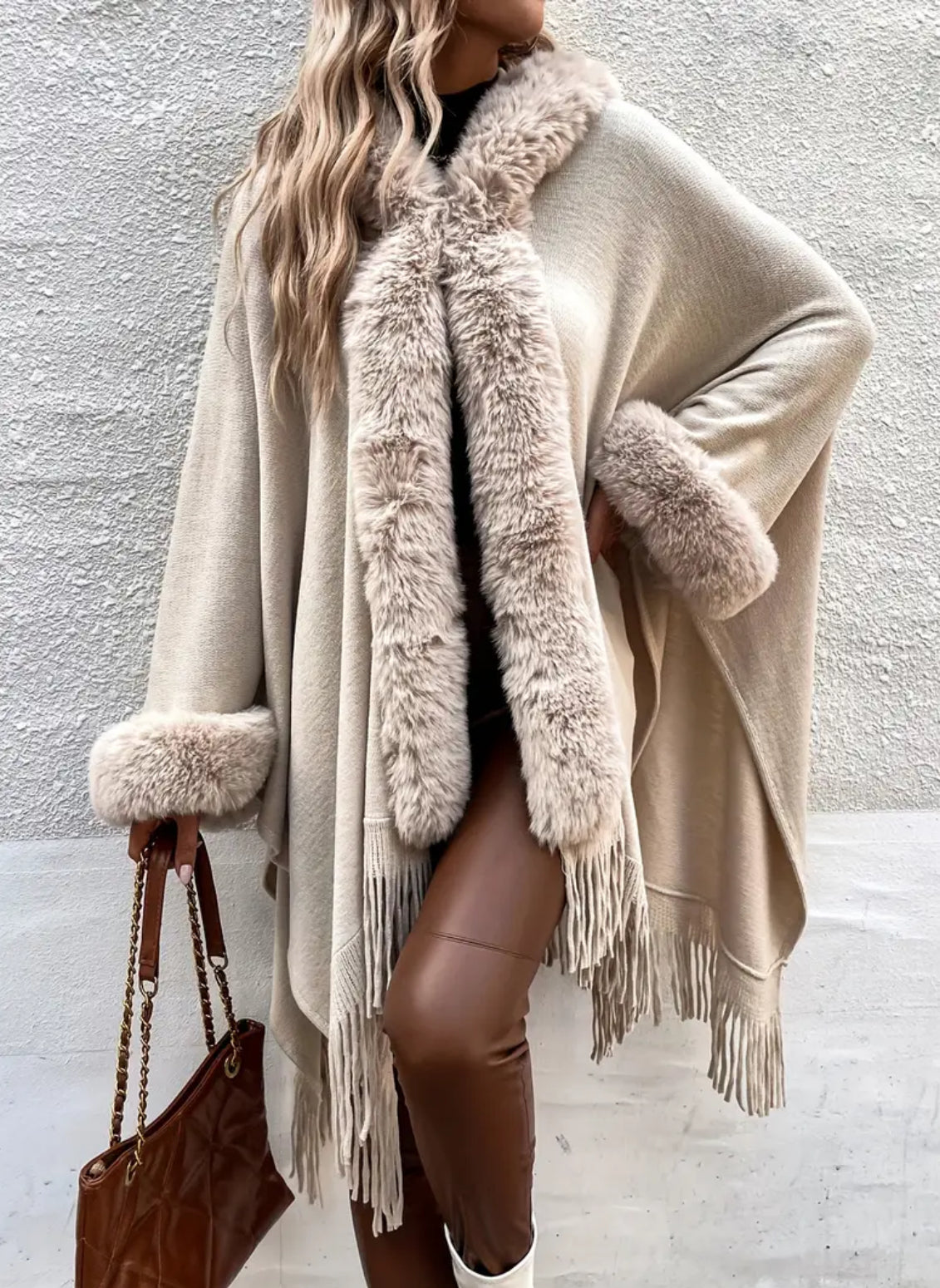 Chic Hooded Cape Coat - Long Sleeve V-Neck with Fringe Trim