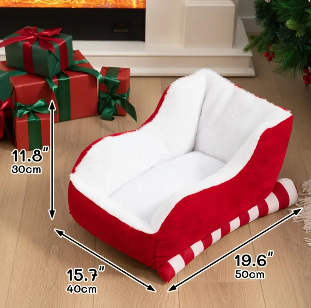 “Santa’s Sleight Bed” Christmas Cozy Pet Sleigh Bed - Red Velvet & Natural Faux Fur 