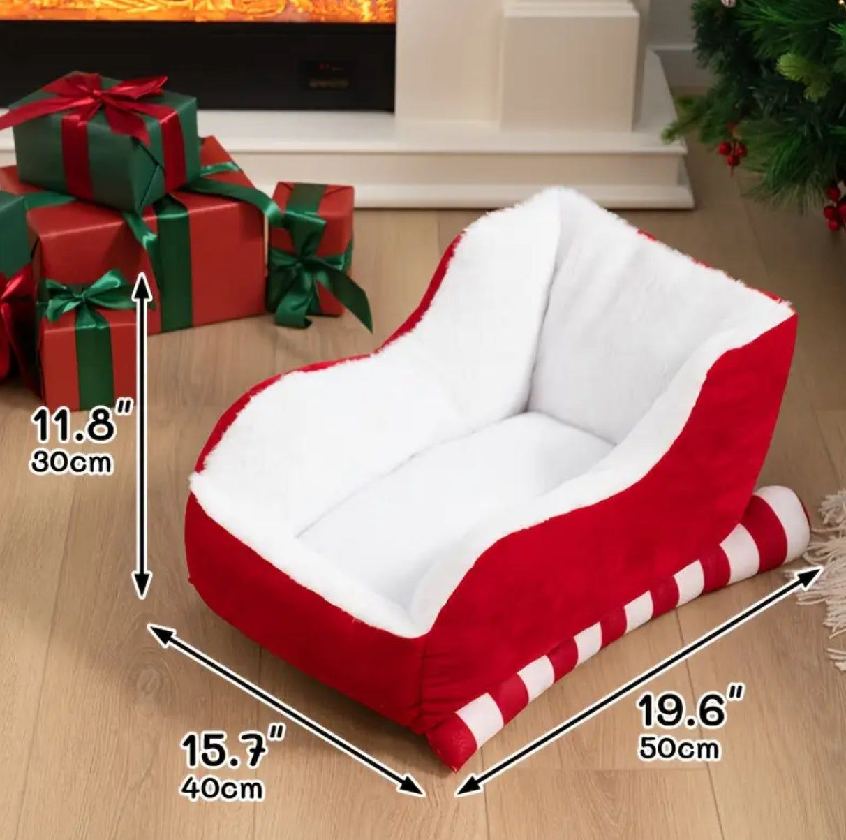 “Santa’s Sleight Bed” Christmas Cozy Pet Sleigh Bed - Red Velvet & Natural Faux Fur 