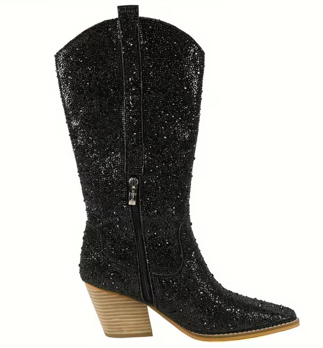 “Crystals” Pointed Toe, Mid-Calf Block/Stacked Heel Boots