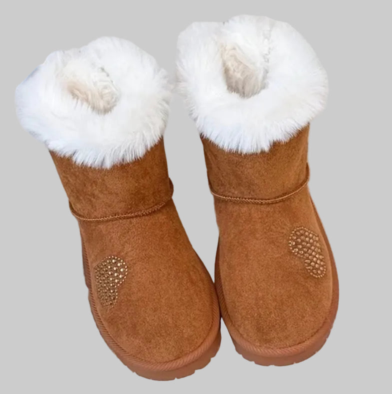 Girls' Winter Mid-Top Snow Boots with Rhinestone Heart & Bows