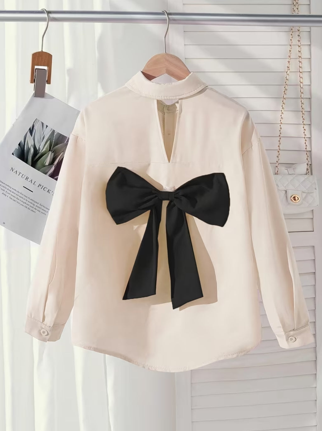 Girls' Long Sleeve Blouse with Hollow-Out Back & Decorative Bow 