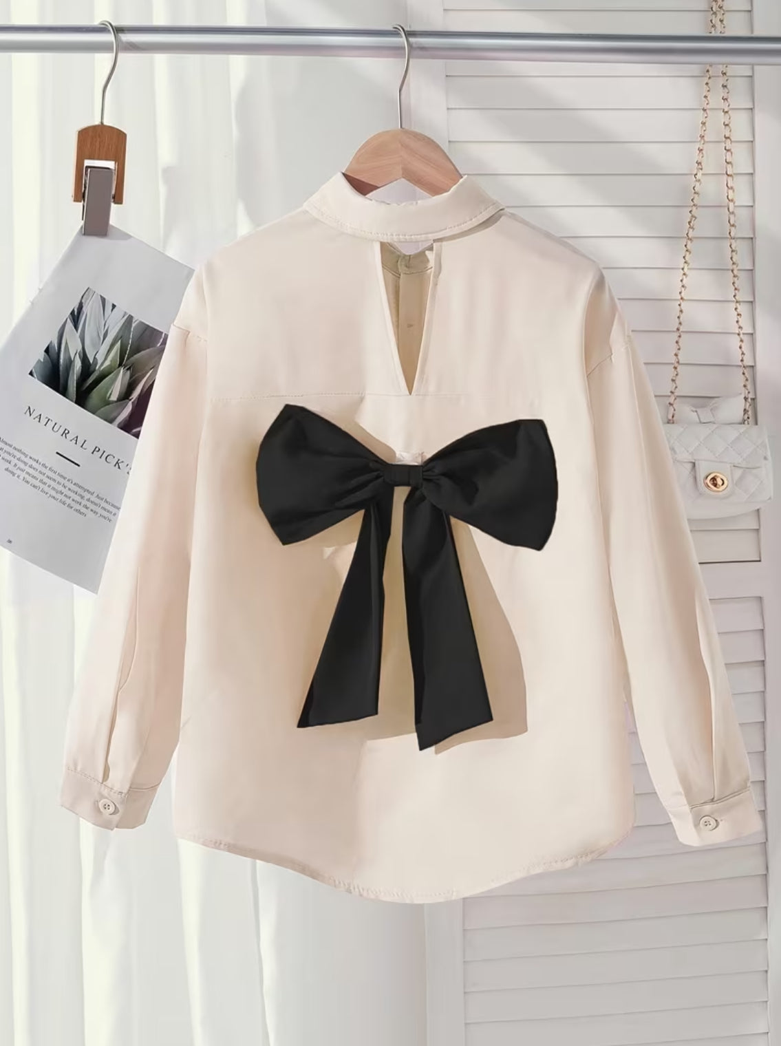 Girls' Long Sleeve Blouse with Hollow-Out Back & Decorative Bow 