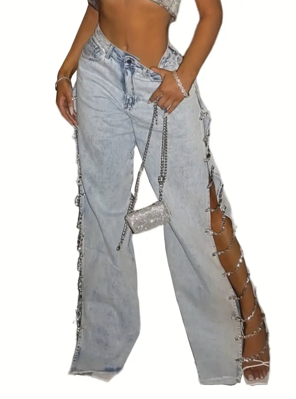 “Rhinestones & Chains” Side Slits, Loose High-Waisted Light Blue Distressed Wide-Leg Jeans