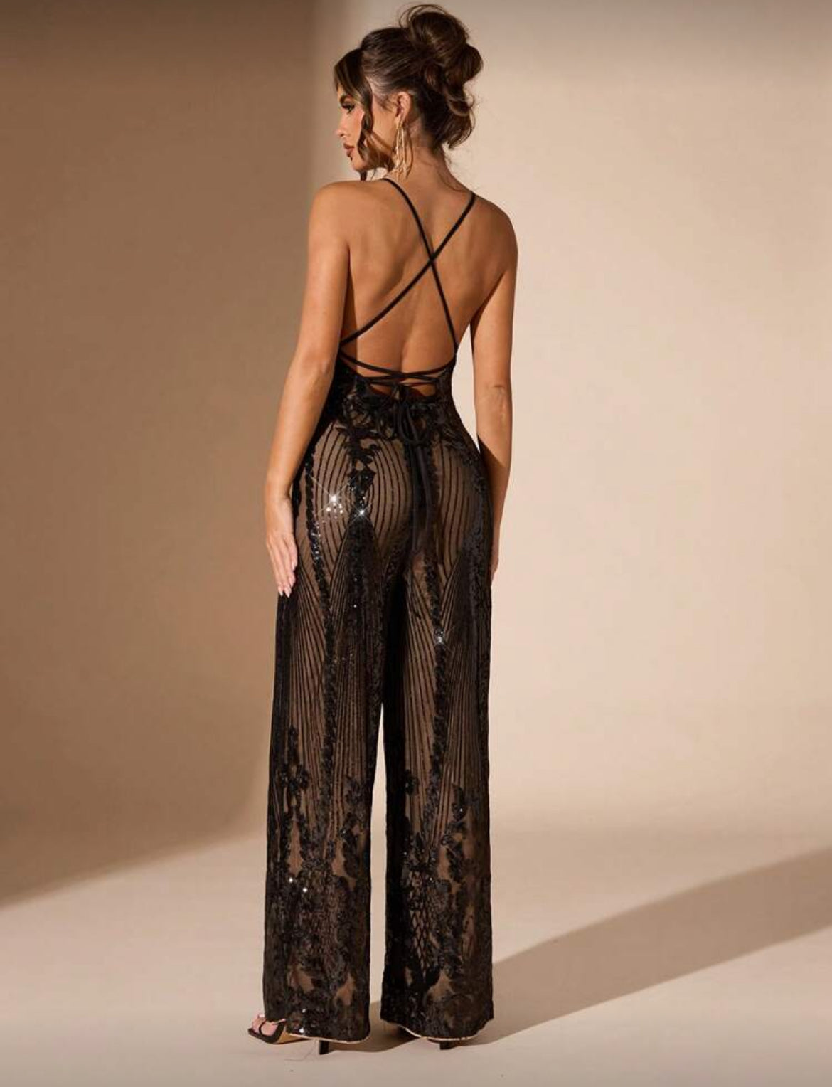 Women's Sequin Deep V-Neck Wide Leg Jumpsuit
