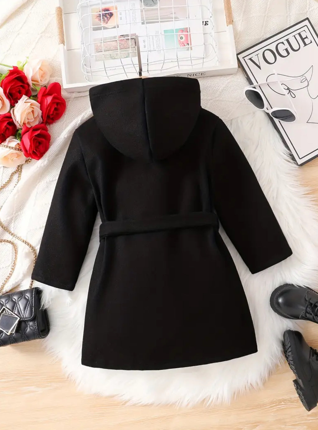 Girls Belted Winter Warm Hooded Coat with Collar - Full-Zip Front & Chest Pocket 