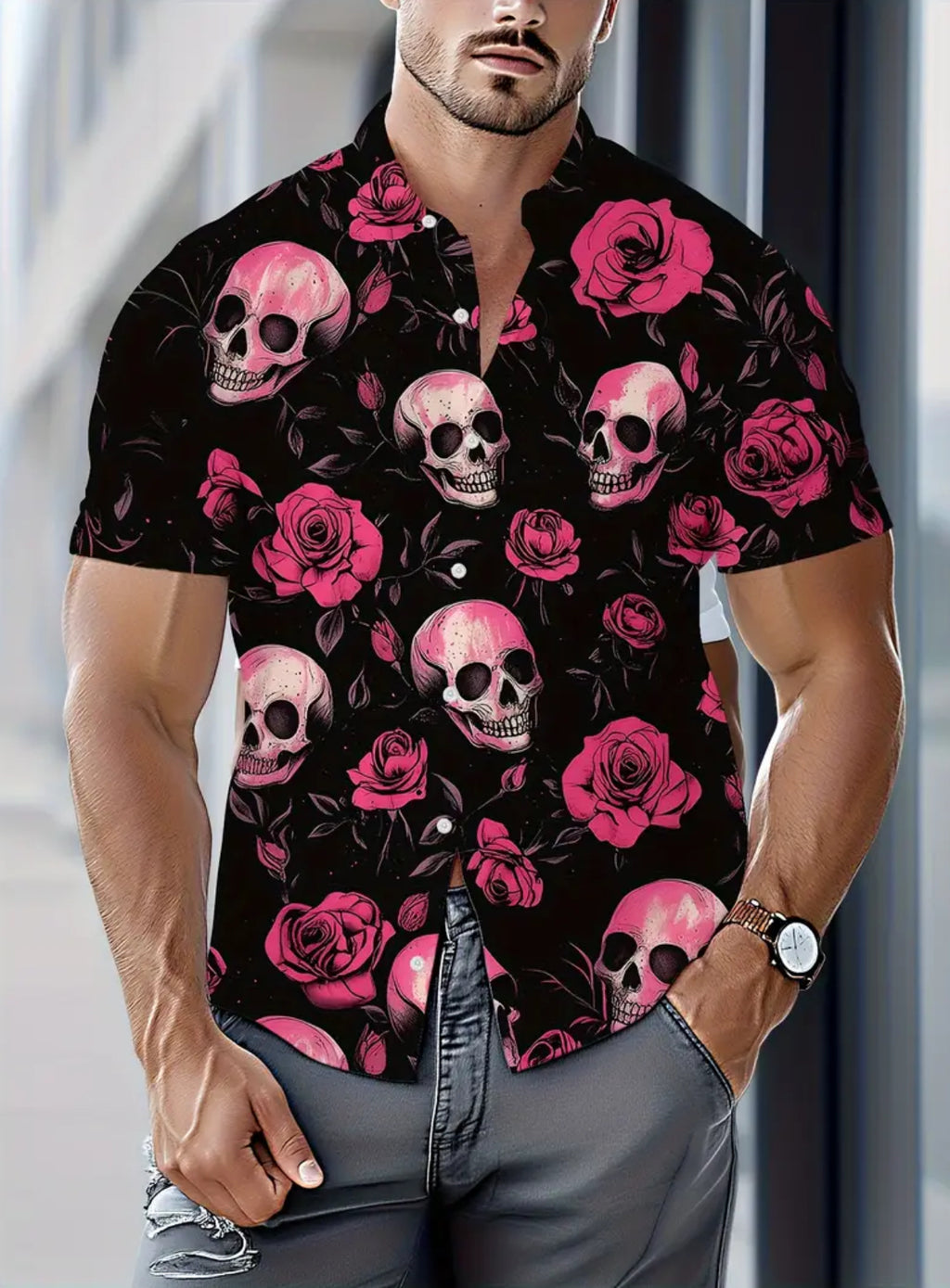 Men’s Skulls & Roses Gothic Short Sleeve Shirt - Button Collar All-Over Pattern