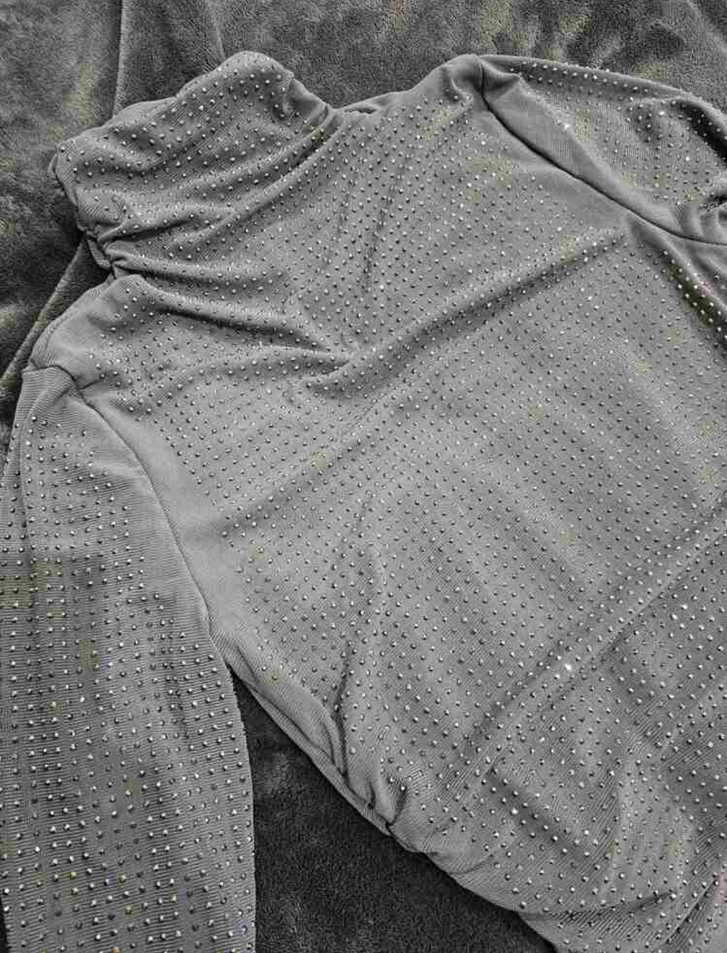 Gray Fashion Wear, Sparkling Rhinestone Decor- Fitted Sheer Mesh Crop Top