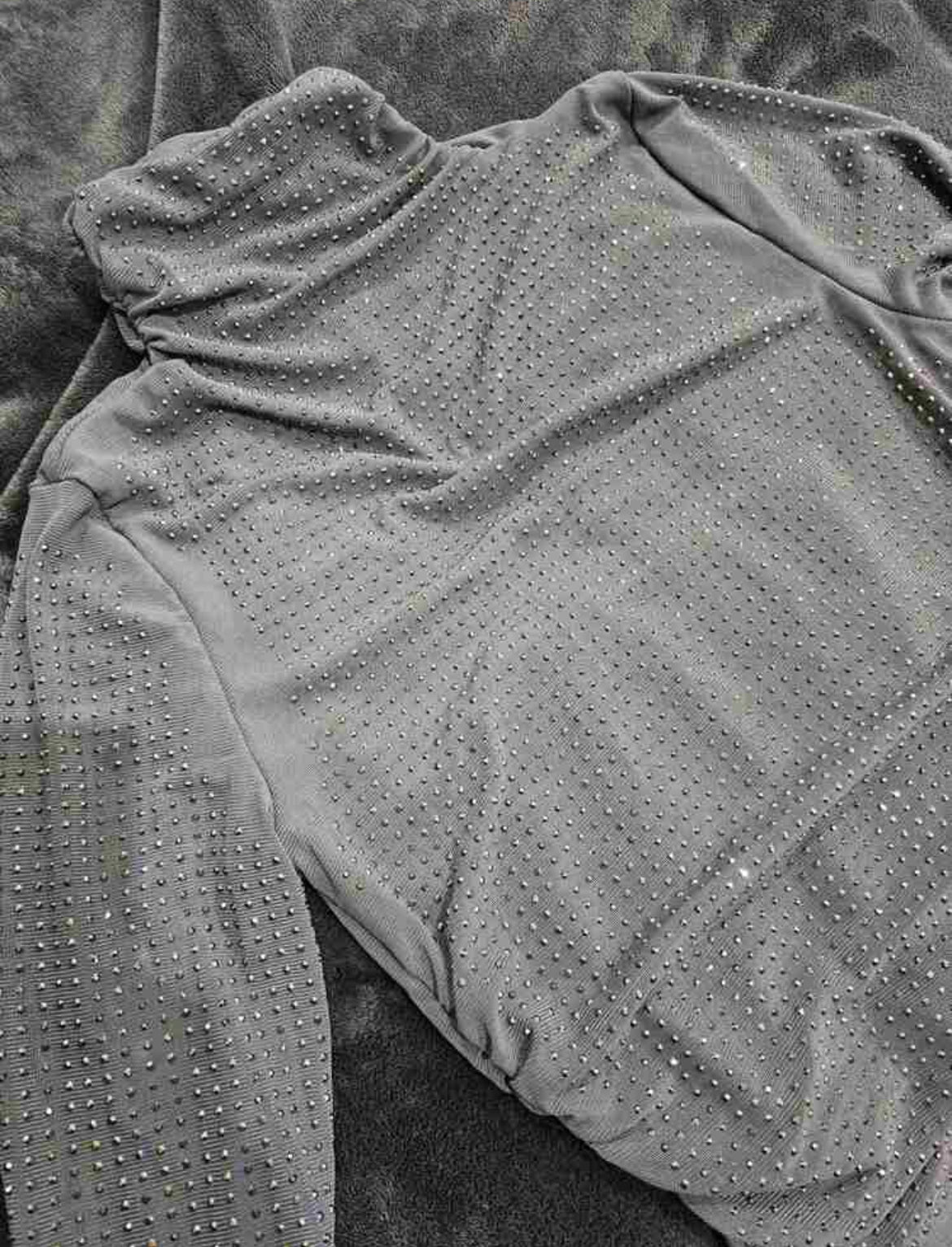 Gray Fashion Wear, Sparkling Rhinestone Decor- Fitted Sheer Mesh Crop Top