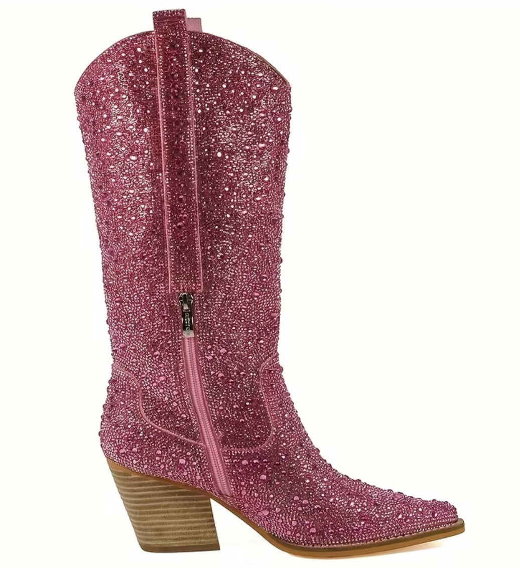 “Crystals” Pointed Toe, Mid-Calf Block/Stacked Heel Boots