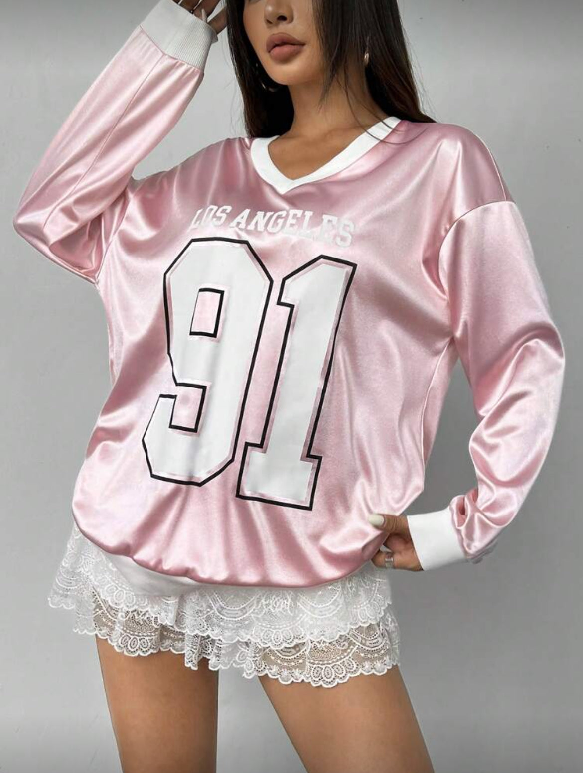 “Los Angeles Sweetheart” Drop Shoulder Long Sleeve V-Neck Satin Sweatshirt 