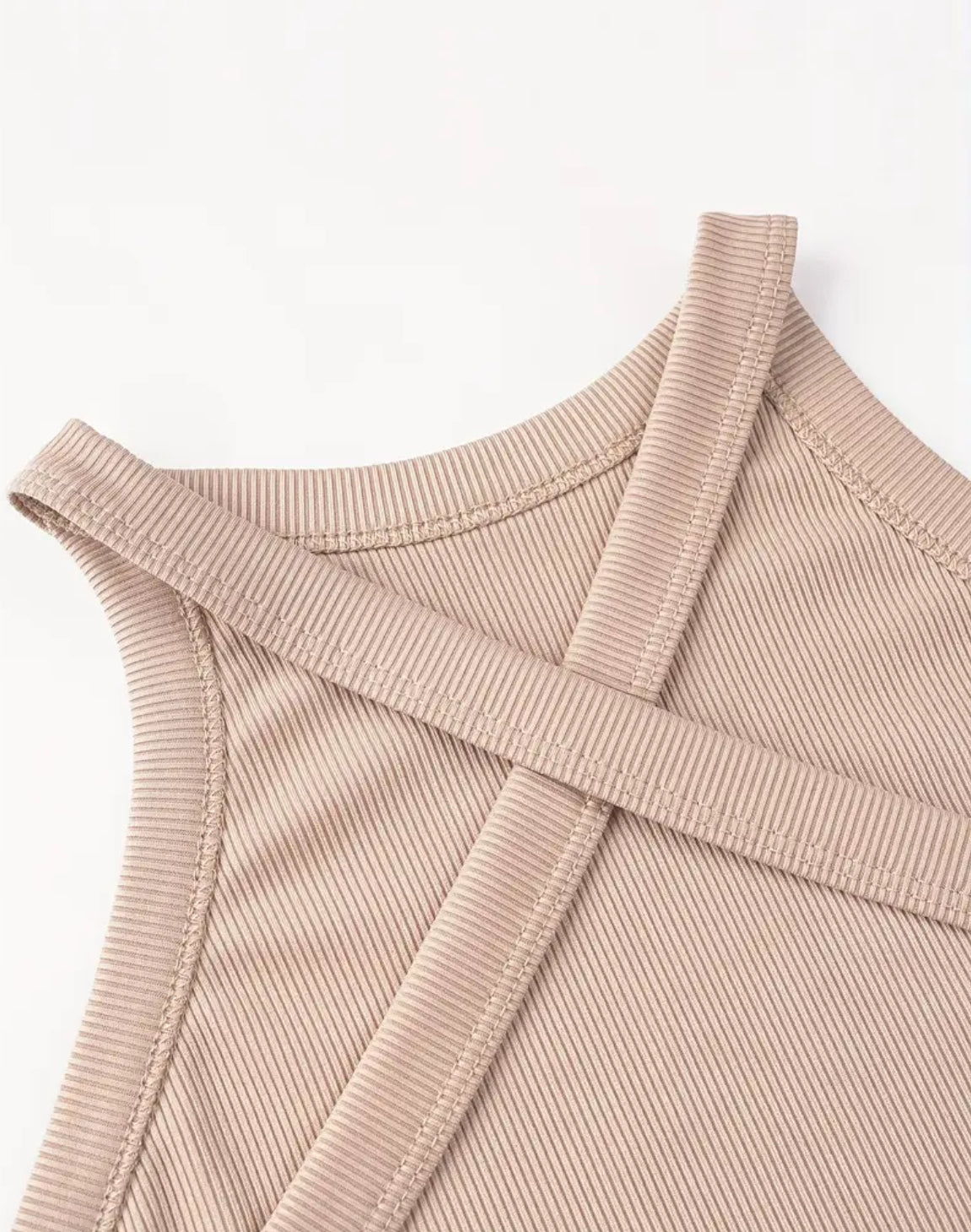 “Serene” Beige Bodycon Sleeveless Ribbed Design, Thin Straps Jumpsuit