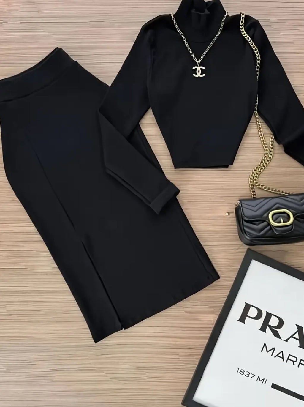 “Eva” Chic Two-Piece Set, Slim-Fitting High-Neck Top + Split Long Skirt