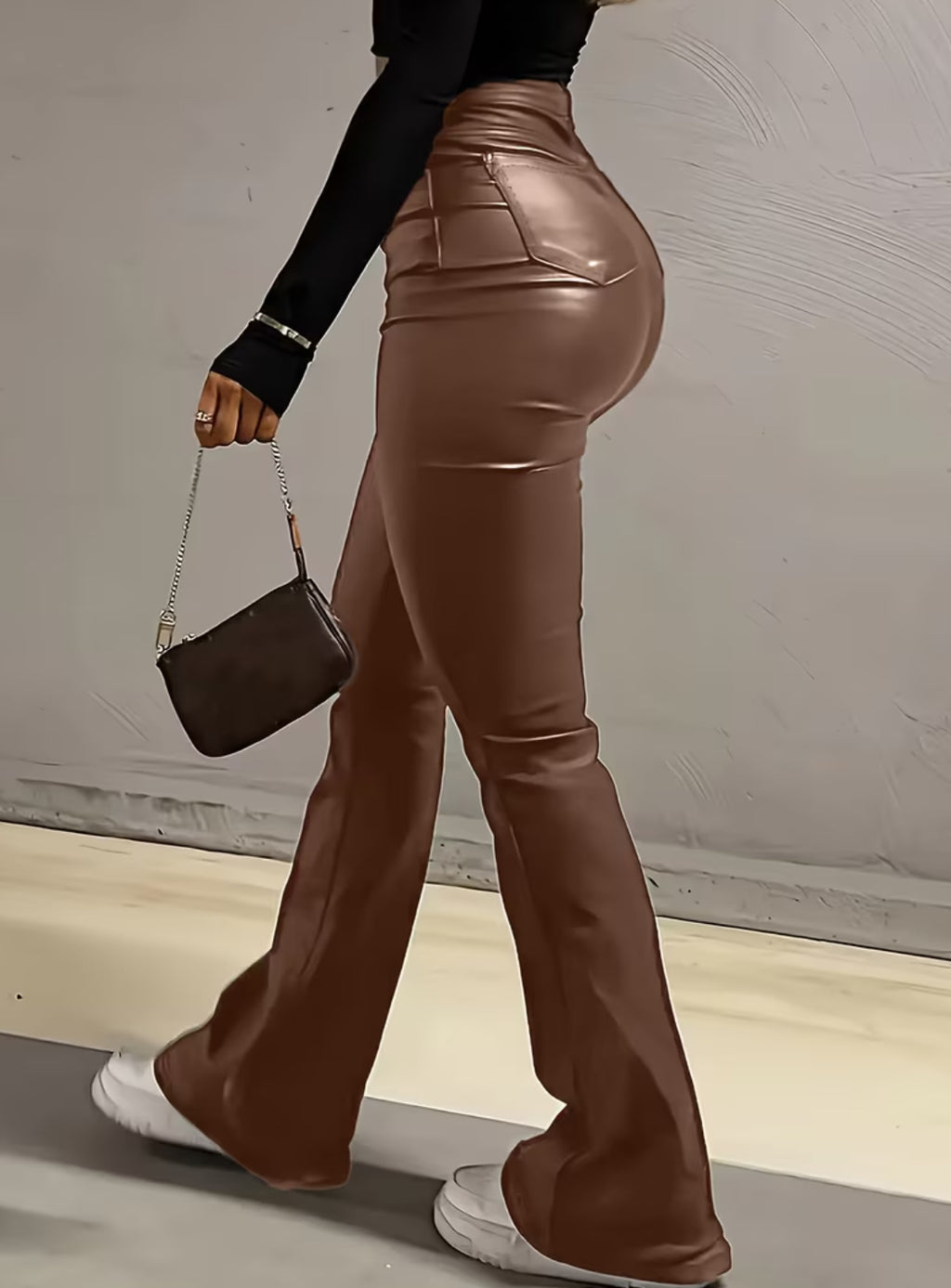 Women's Flared Bell Bottom High-Waisted, Faux Leather- Machine Washable 