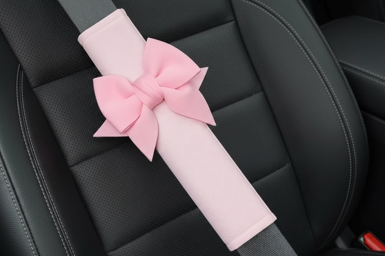 2 Car Seat Belt Covers Adorned with Bows
