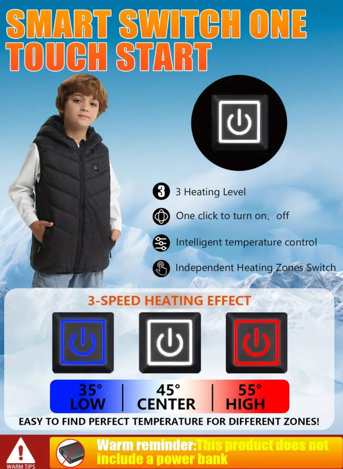 “Heated Kids Winter Vest” USB-Power Bank Compatible Connector (No Bank Included)