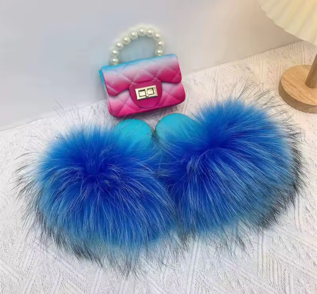 Girls Fashion Faux Fur Slippers & Purse Set