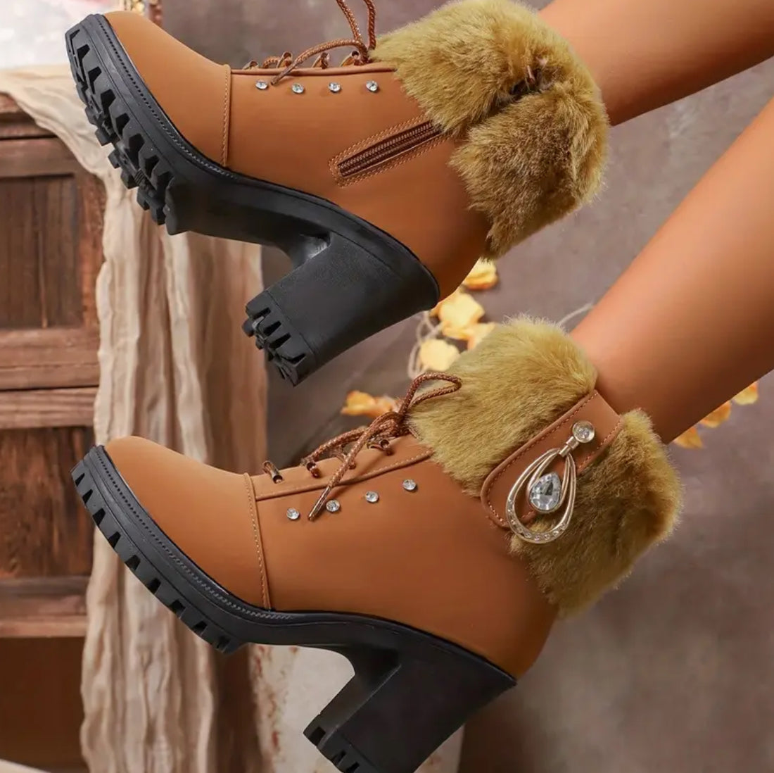Teen Faux Fur-Leather Ankle boots Lace-up front, Side Zipper Closure & Rhinestone embellishment