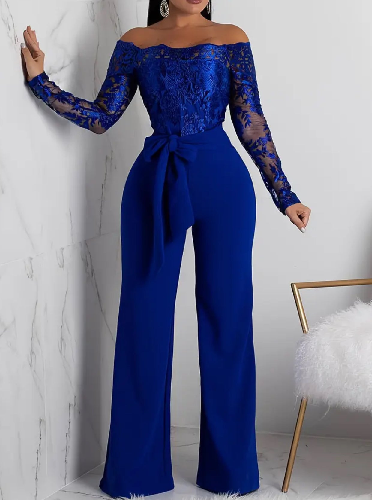 Off-Shoulder Lace Sleeve & Bowknot Waist Jumpsuit