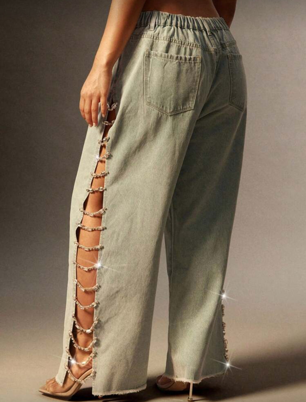 “Rhinestones & Chains” Side Slits, Loose High-Waisted Light Blue Distressed Wide-Leg Jeans