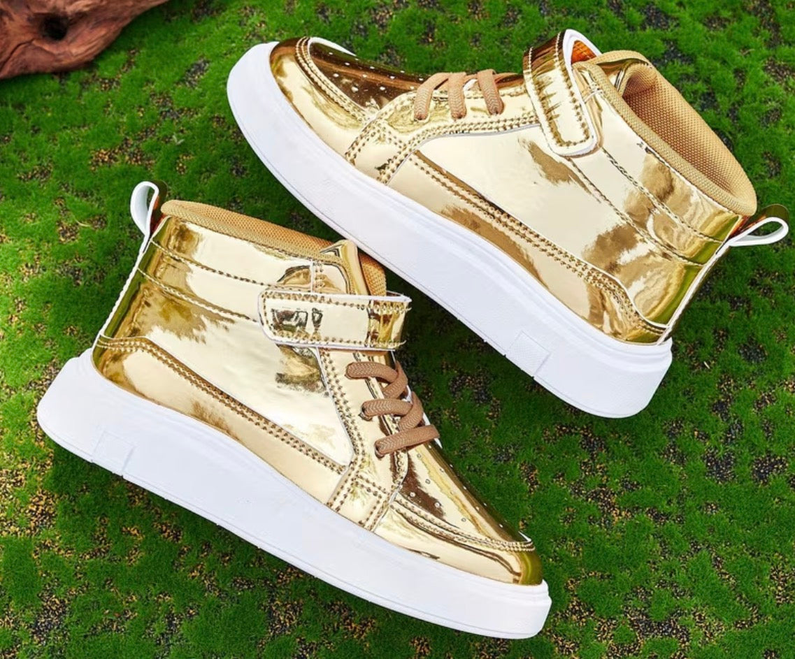 Kids' Gold Metallic High-Top Sneakers, Laces + Hook & Loop Velcro Strap