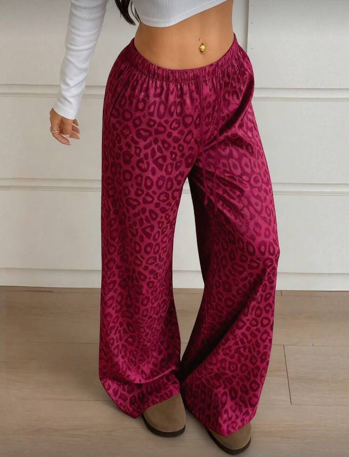 Leopard Print Pajama Pants Relaxed Wide-leg Fit, Drawstring Waist