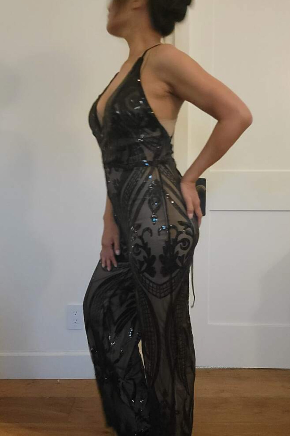 Women's Sequin Deep V-Neck Wide Leg Jumpsuit