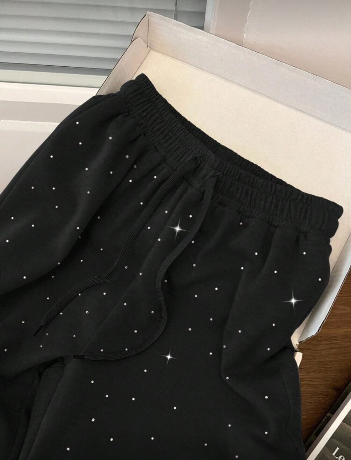 Rhinestone Embellished High Waist Drawstring Loose Fit Sweatpants
