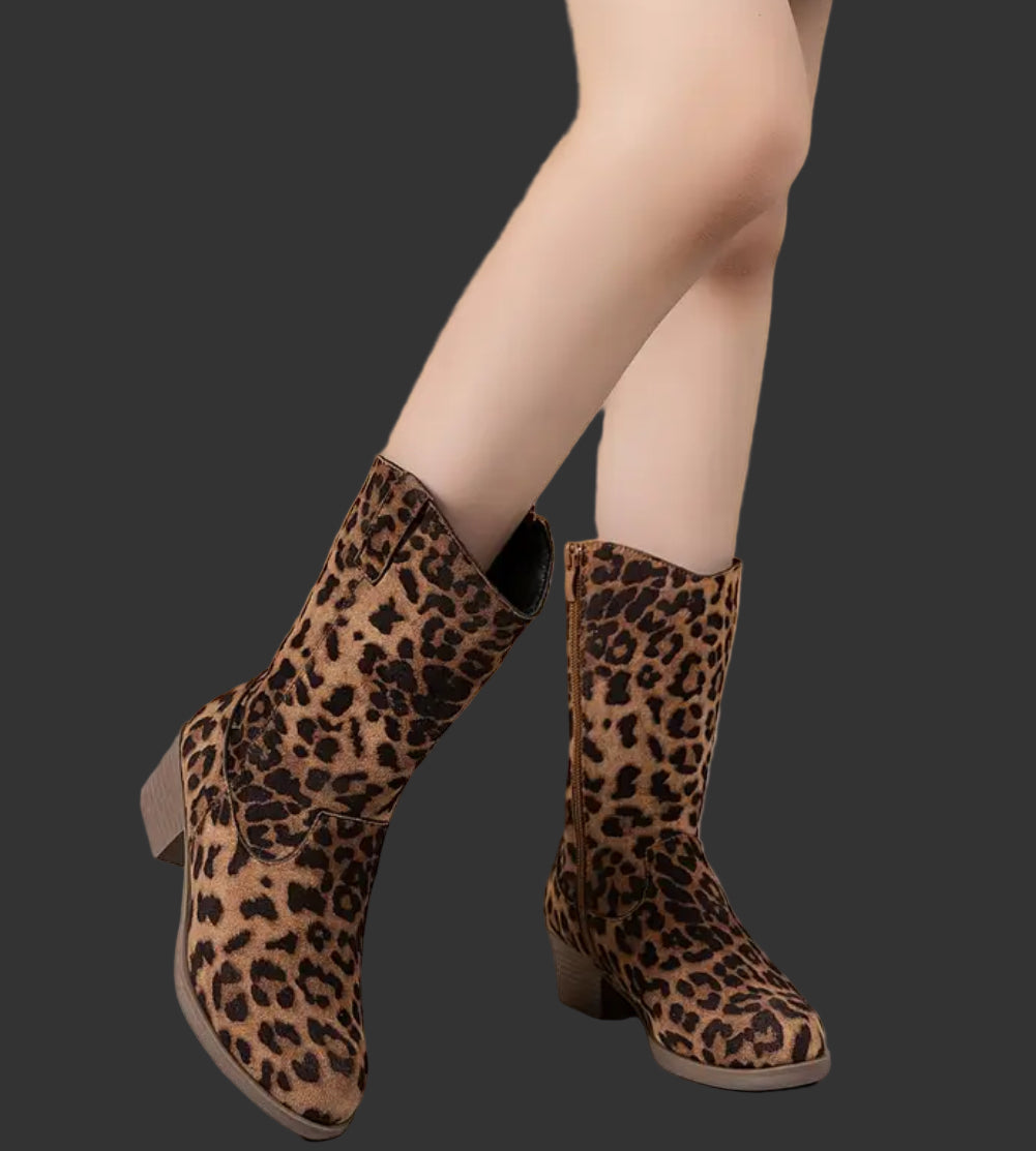 Girls Western Mid-Calf Boots, Side Zipper Leopard Print Design