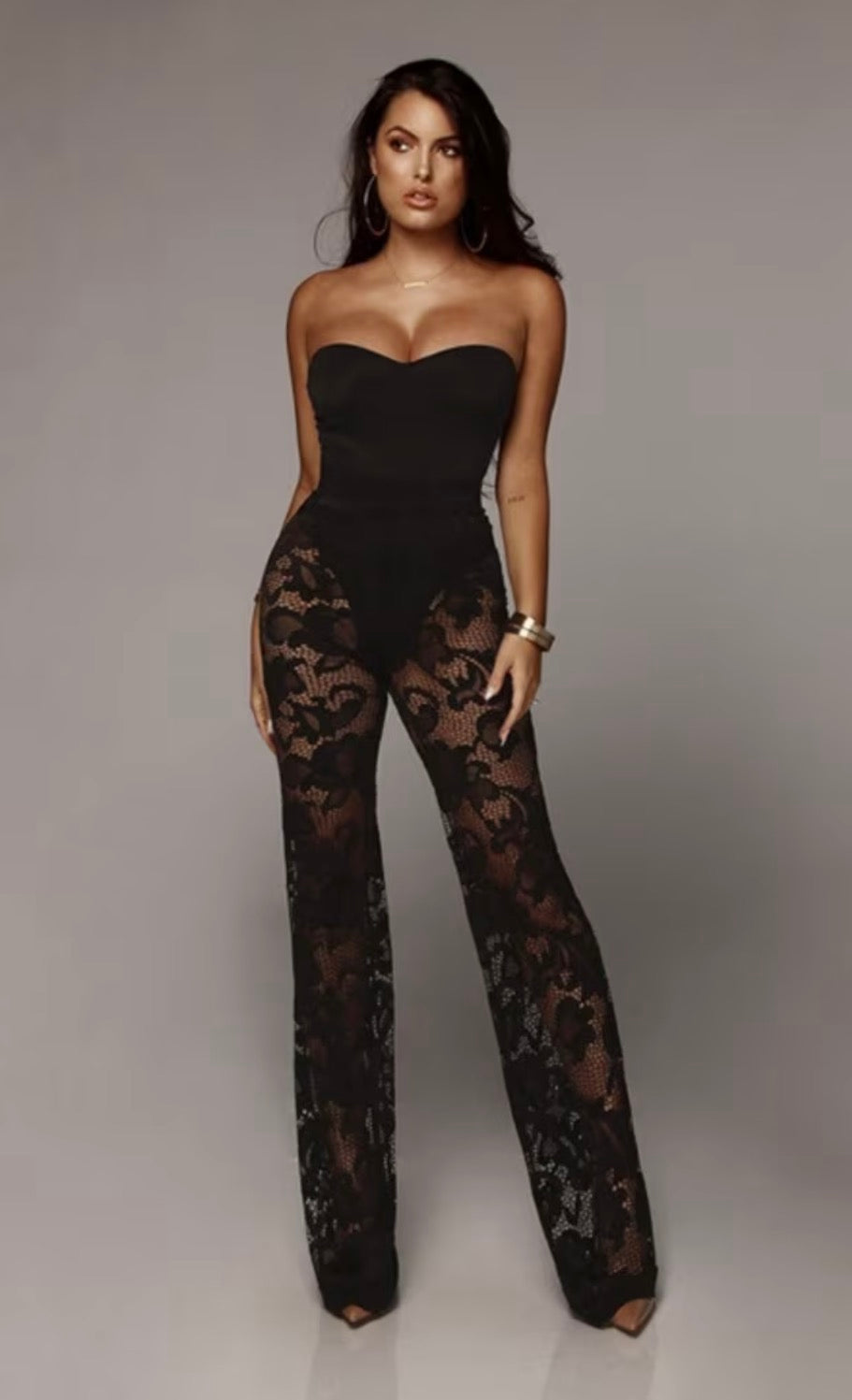 Versatile 3pcs Set - Elegant Wide-Leg Pantsuit Ensemble with Lace Detailing