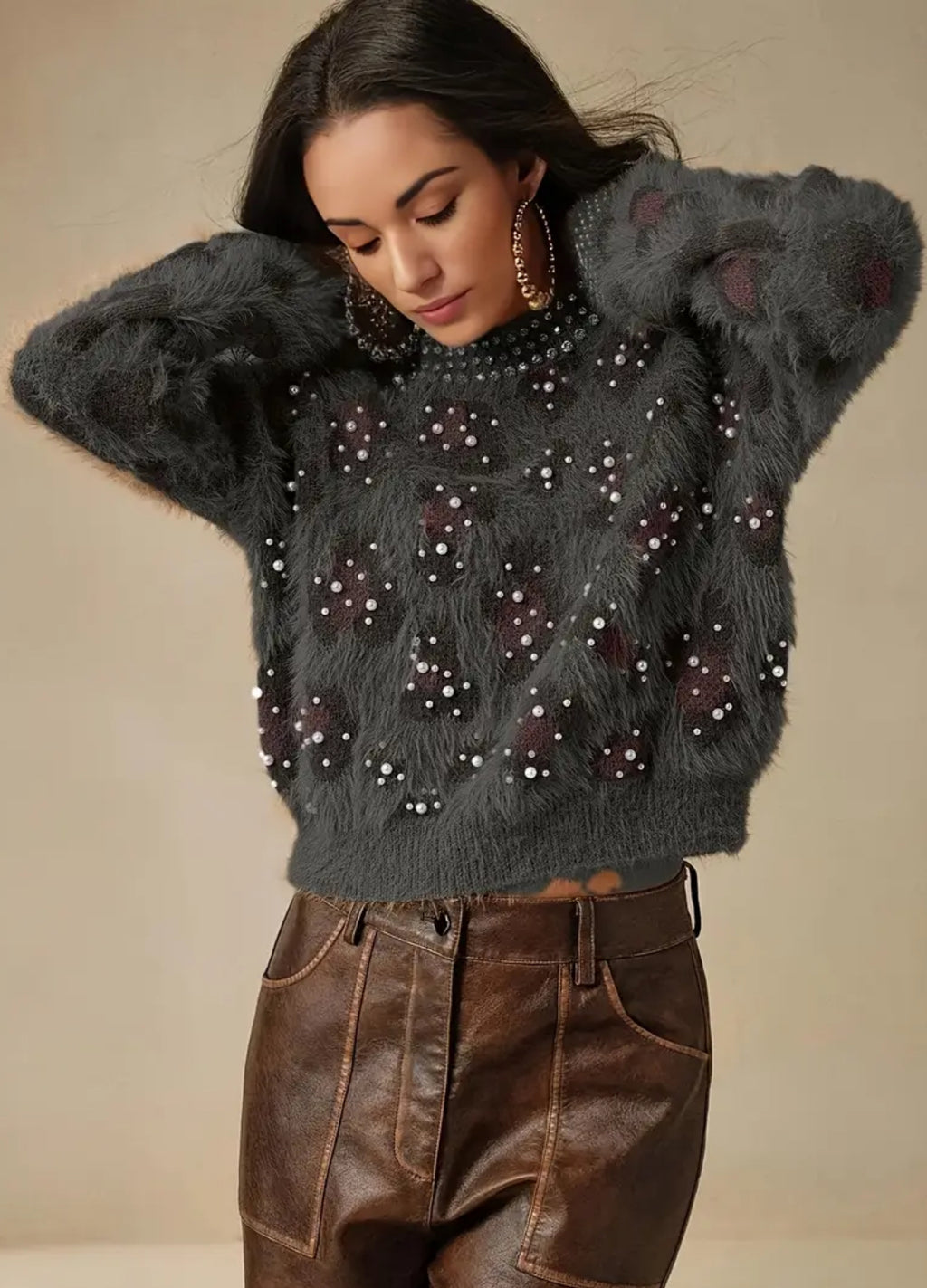 Glamorous Leopard Rhinestones & Beaded Pearls Accent Sweater