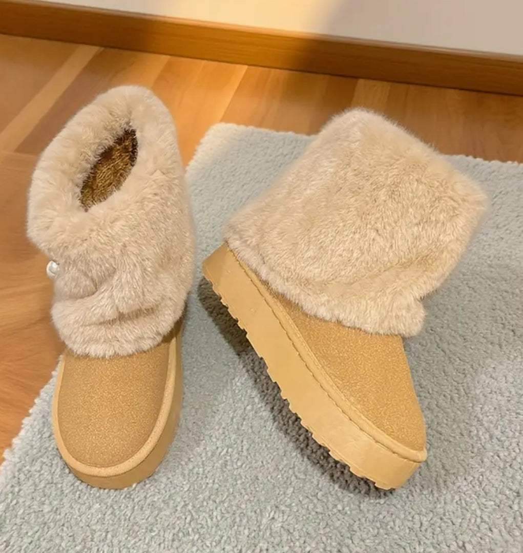 Elegant Ankle Winter Snow Moccasin Boots Faux Fur-like Lining & Pearl Detailing