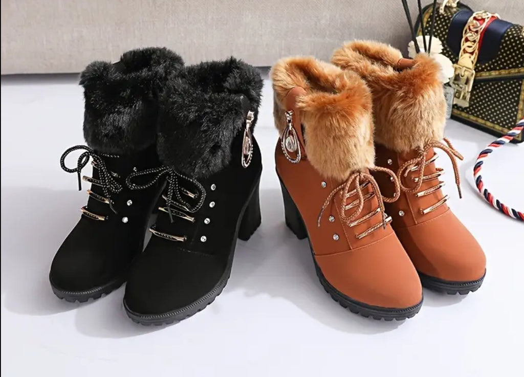 “Rhinestones” Chunky Heel Faux Fur Trim Mid-Calf Boots with Side Zipper by