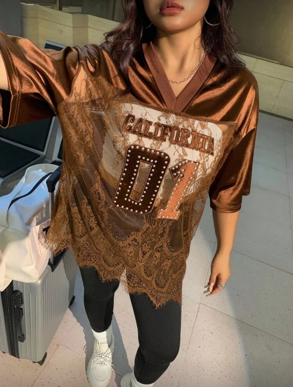 "CALIFORNIA 01" Posh Plus Oversized Studded Sheer Lace and Mesh Football Jersey