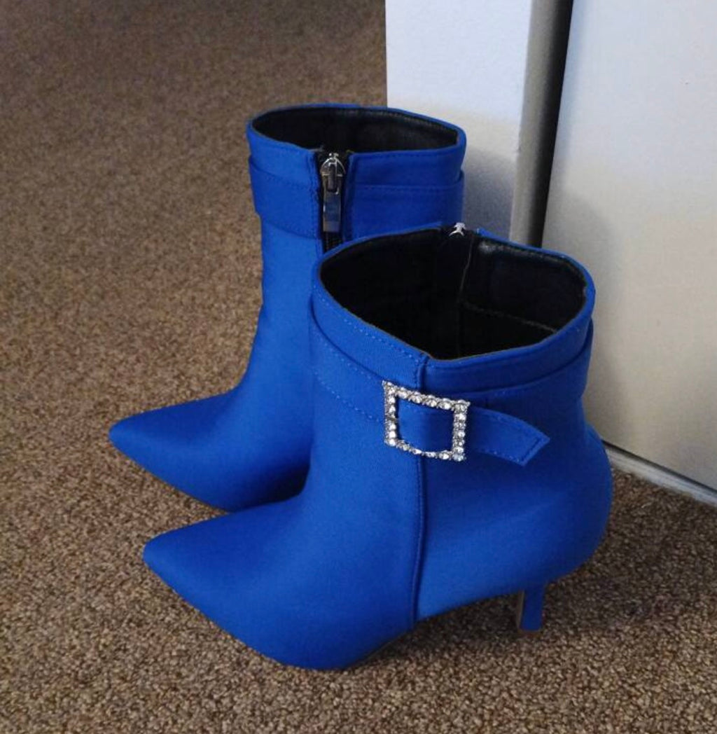 “Rhinestone Buckle” Ankle Suede Boots Pointed Toe & Slim High Heel