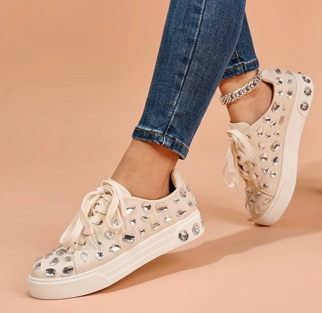 Women's Rhinestone Embellished Lace-Up Low Top Platform Non-Slip Sneakers
