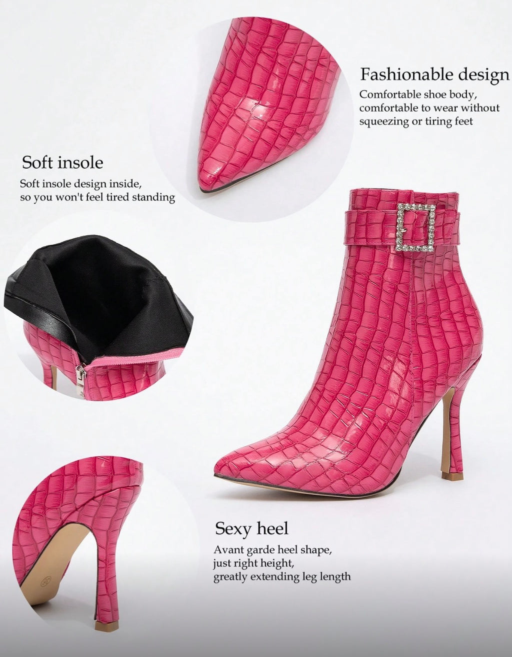 “Rhinestone Buckle” Ankle Suede Boots Pointed Toe & Slim High Heel