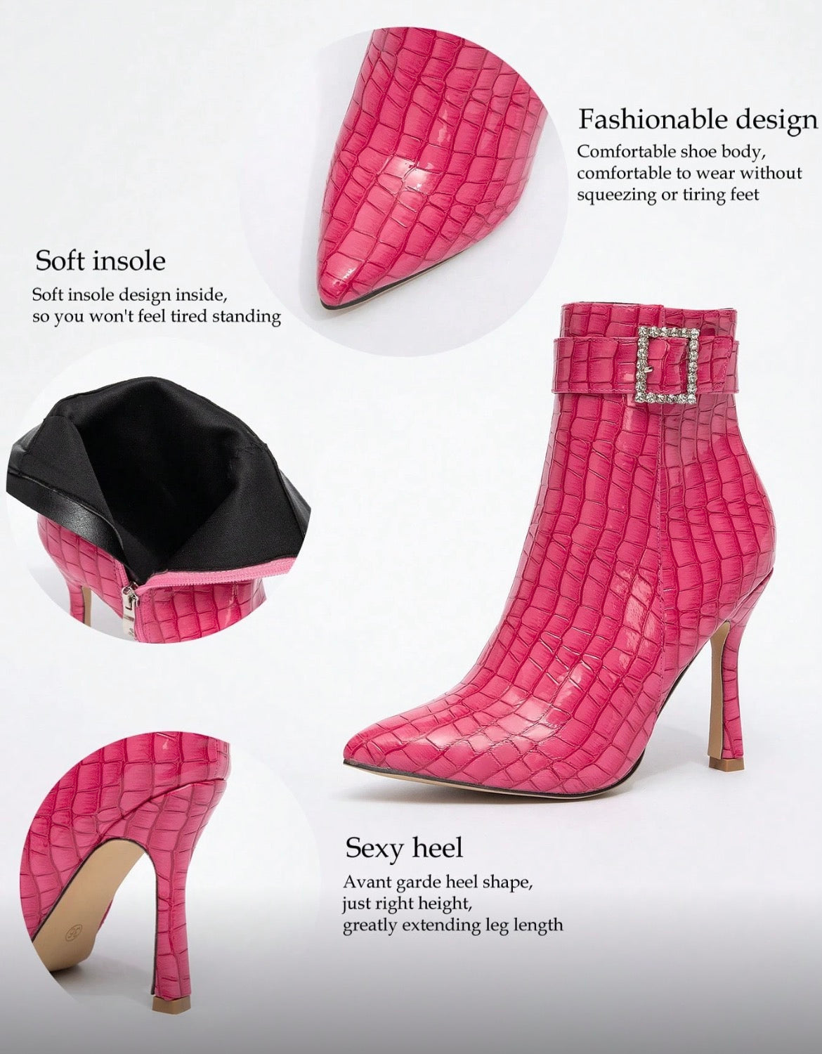 “Rhinestone Buckle” Ankle Suede Boots Pointed Toe & Slim High Heel