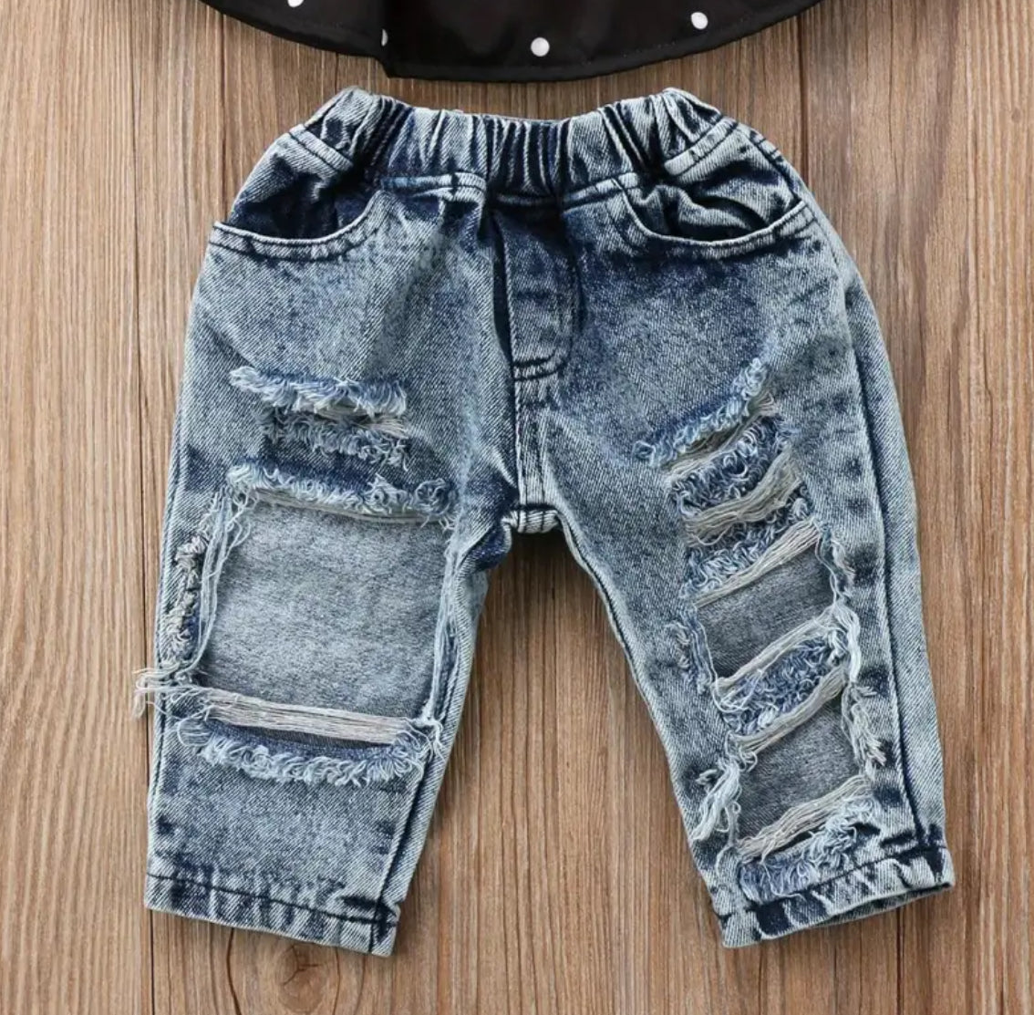 Baby Girls Outfit With An Off Shoulder Wave Point Top, Ripped Jeans & Cute Bow Headband