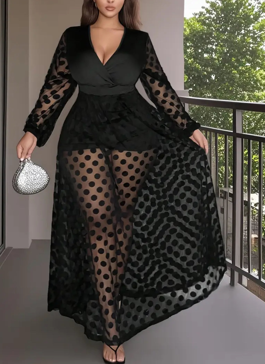 Elegant Plus Size Women's V-Neck with Lace Detail | Sheer Mesh Long Tulle Dress