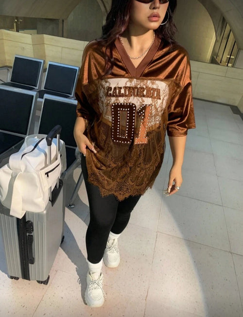 "CALIFORNIA 01" Posh Plus Oversized Studded Sheer Lace and Mesh Football Jersey