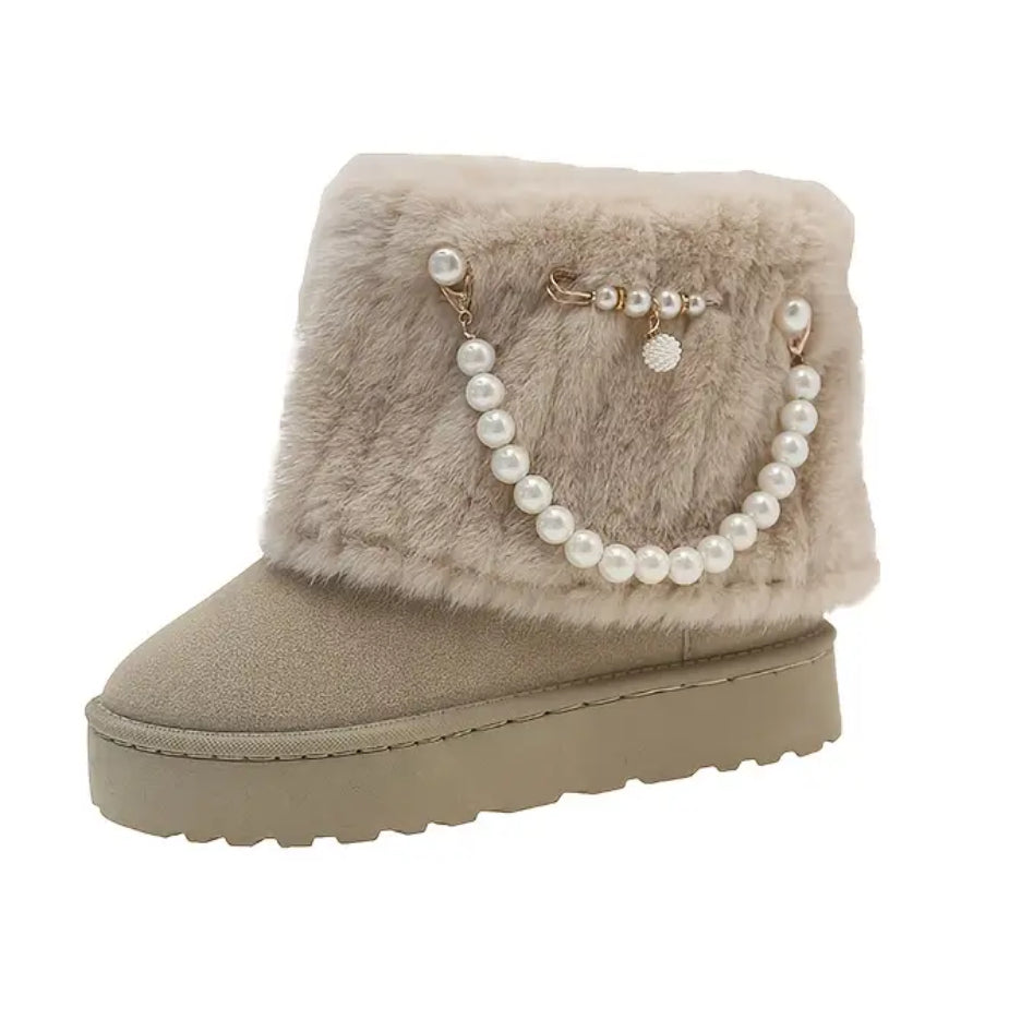 Elegant Ankle Winter Snow Moccasin Boots Faux Fur-like Lining & Pearl Detailing