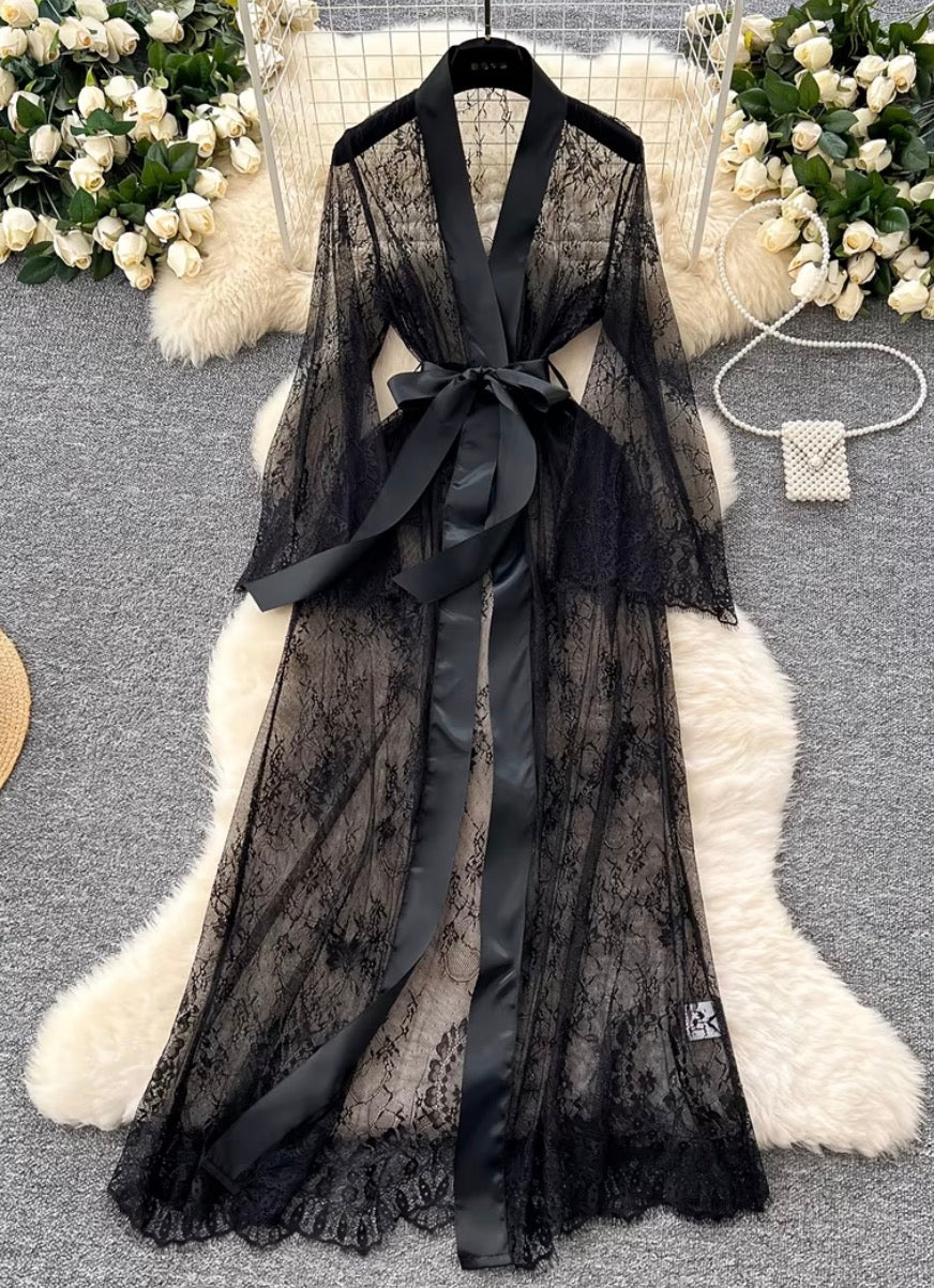 Elegant Floor- Length Sheer Lace Floral Robe