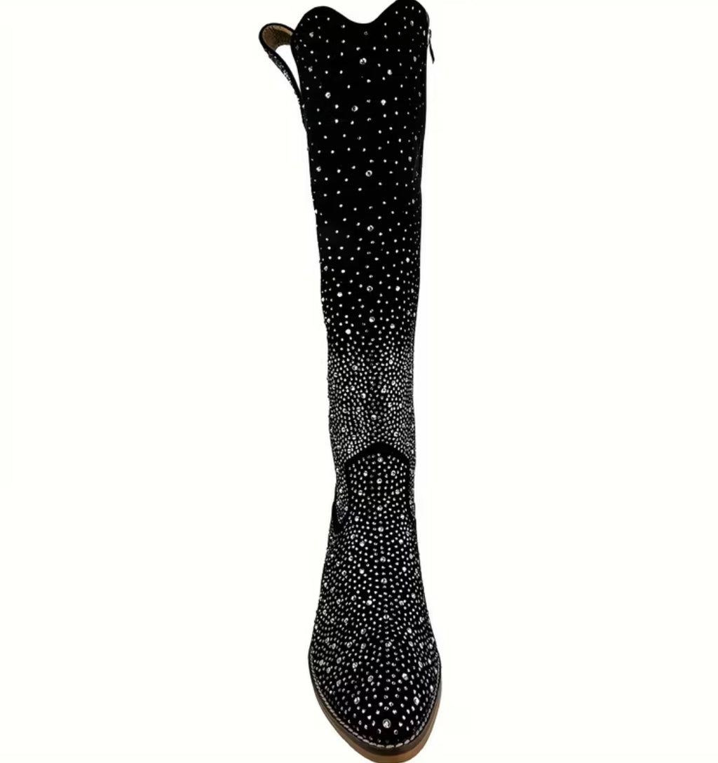 Crystal’s Encrusted Women's Western Cowboy Knee-High Boots + Side Zipper 