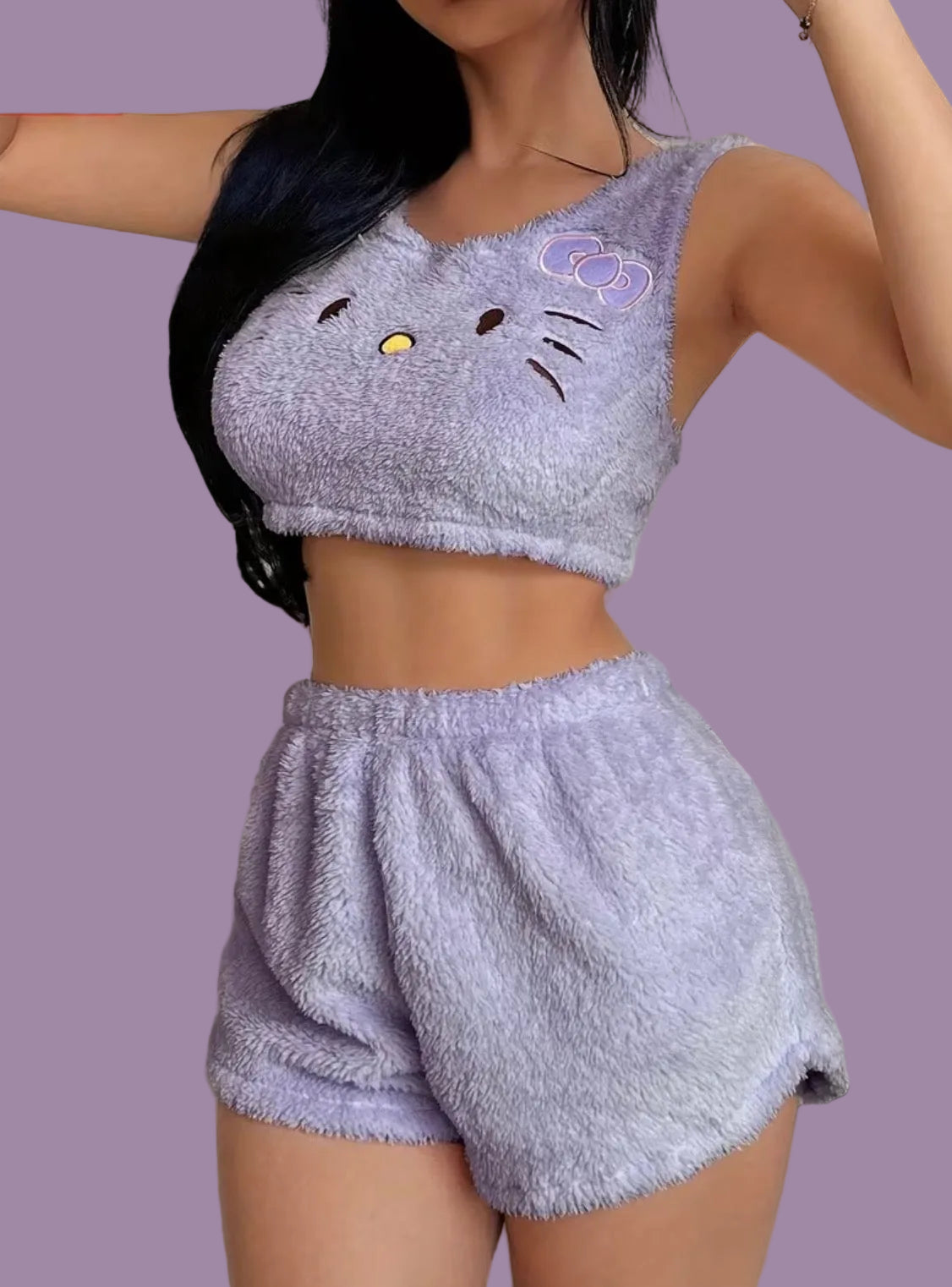 Women's 2pcs Hello Kitty Plush Top And Elastic Shorts Set
