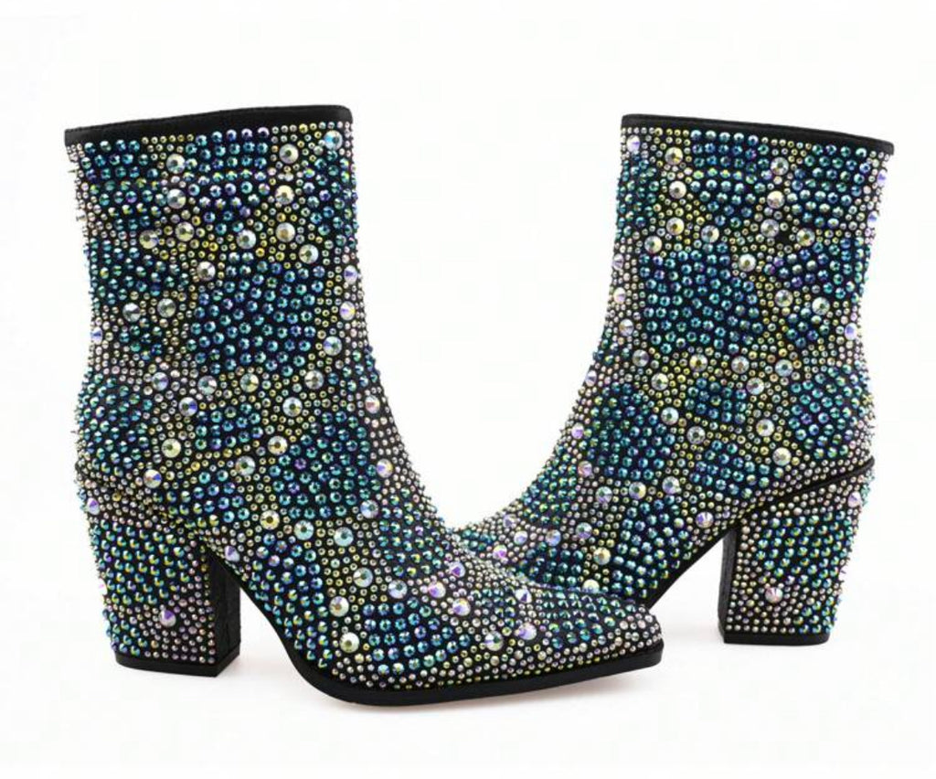 Magic Blue Crystal Diamonds Encrusted Women's Mid-calf Boots, Side Zipper 