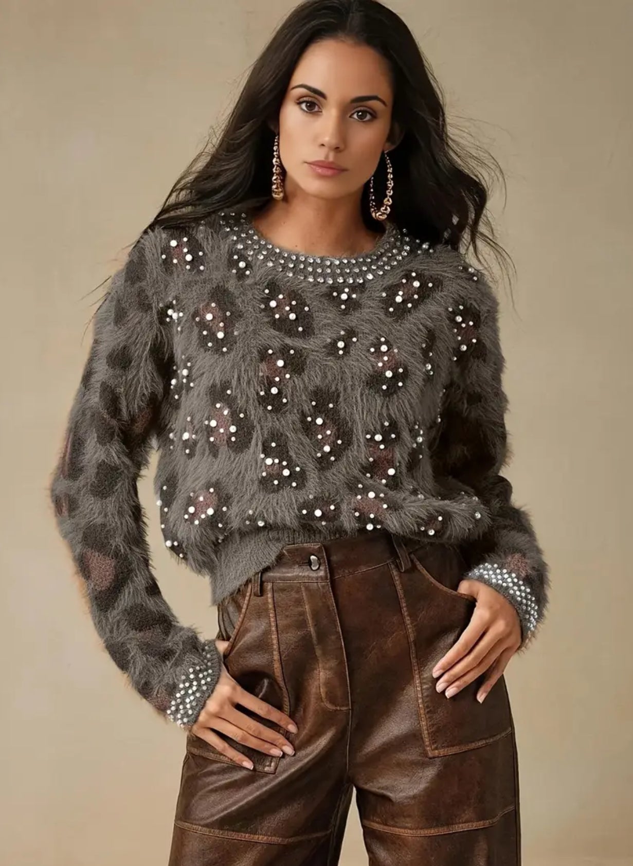 Glamorous Leopard Rhinestones & Beaded Pearls Accent Sweater