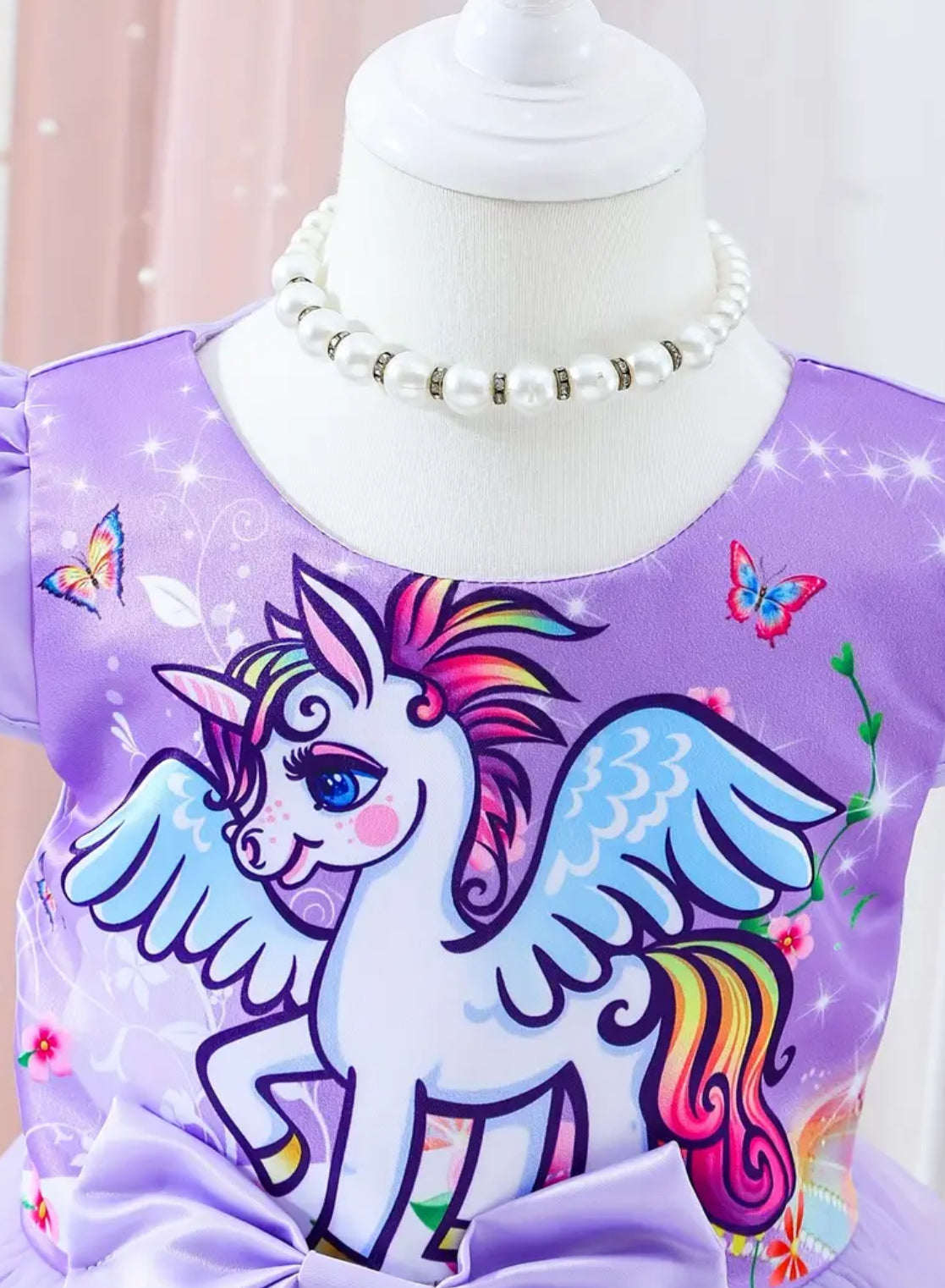 Girls Unicorm Dress Petal Sleeves, Mesh Detail, Knee-Length with Bow Accent 🦄